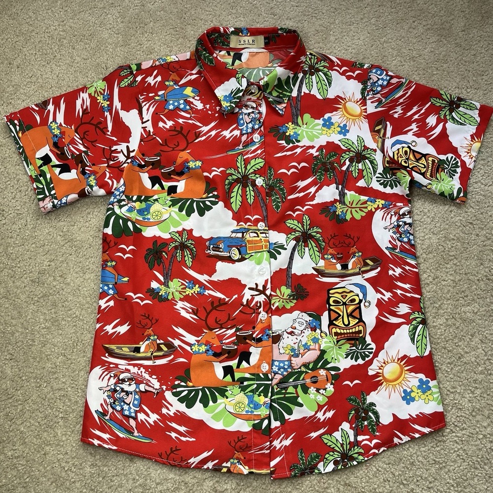 SSLR Womens Santa On Vacation Hawaiian Button Up Shirt Size Small Button Up EUC
